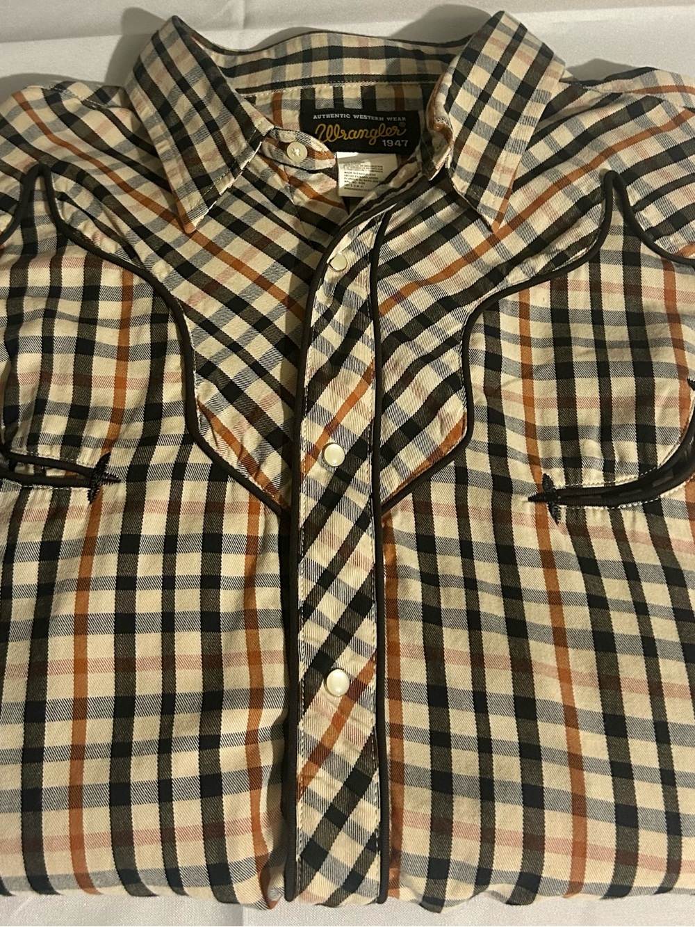 Wrangler Men's Plaid Pearl Snap Western Shirt - Cream, Navy & Brown XXL